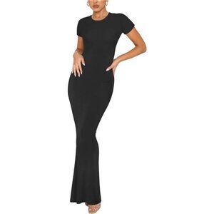 Women's Summer Casual Lounge Maxi Dress Short Sleeve Crew Neck Bodycon Ribbed